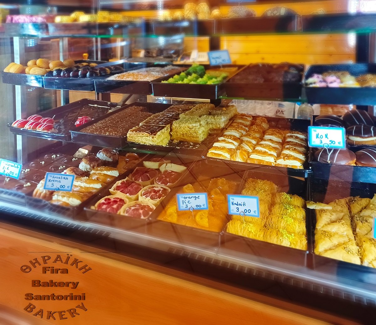 Fresh Sweets Every Day by Thiraiki Bakery Fira Santorini